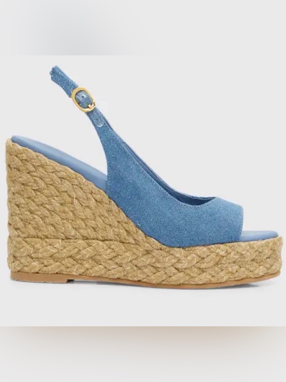 Stuart Weitzman Blue Denim Peep Toe Espadrille Wedge Slingback Sandals - Picture 1 of 6